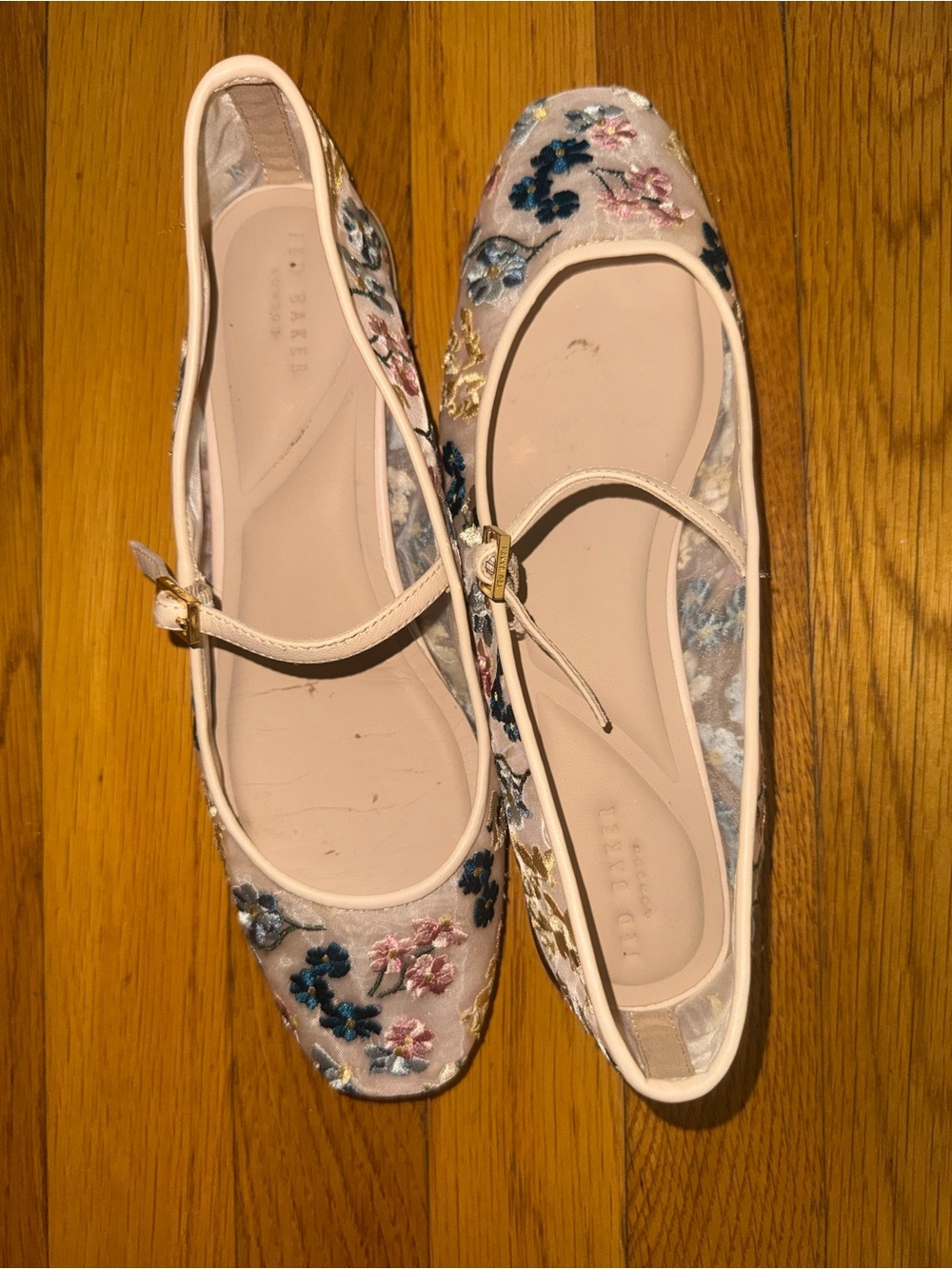 Ted Baker Beige Mary Jane Flats with Multicolor Floral Embroidery - Picture 2 of 3